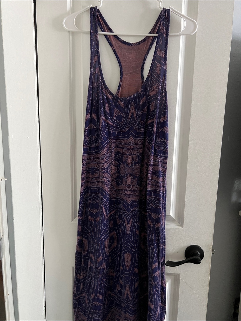Sleeveless Racerback Maxi Dress in Navy and Mauve Print